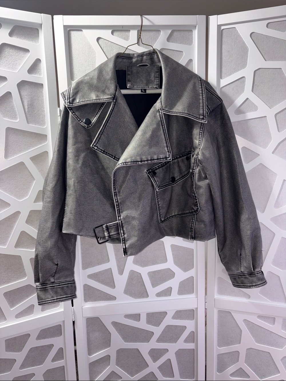 SHEIN Washed Gray Cropped Moto Jacket